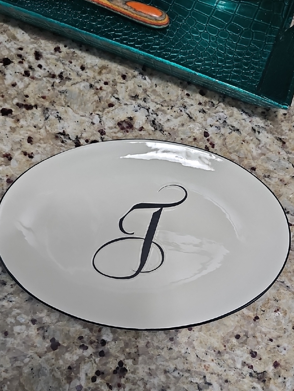 Mud Pie White Ceramic Serving Platter with Black Monogramn "T"